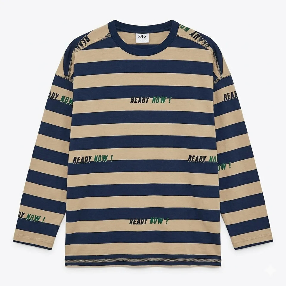 Zara Boy's Navy & Beige Striped Long Sleeve Graphic Blouse|Zara in Lebanon