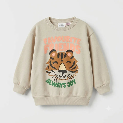 Zara Girl's Beige Favorite Friends Tiger Graphic Long Sleeve Pullover Sweatshirt|Zara In Lebanon