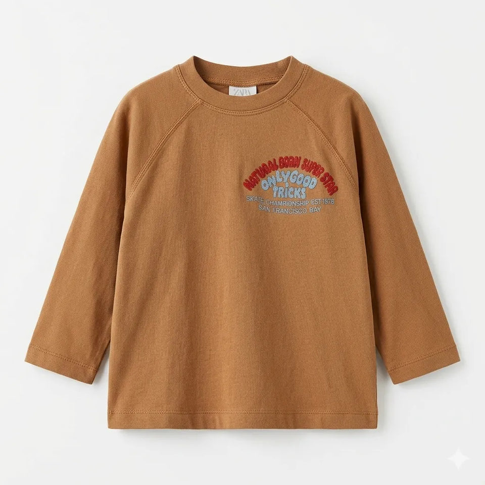 Zara Boy's Sand Chest Print Crew Neck Long Sleeve Blouse|Zara in Lebanon