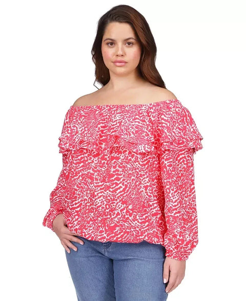 Michael Kors Women's Fuchsia Plus Size Animal-Print Off-The-Shoulder Blouse |Michael Kors In Lebanon