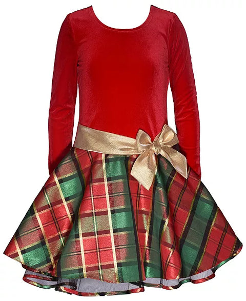 Bonnie Jean Girl's Red Velvet Plaid Fit Flare Big Bow Party Holiday Dress | Bonnie Jean In Lebanon