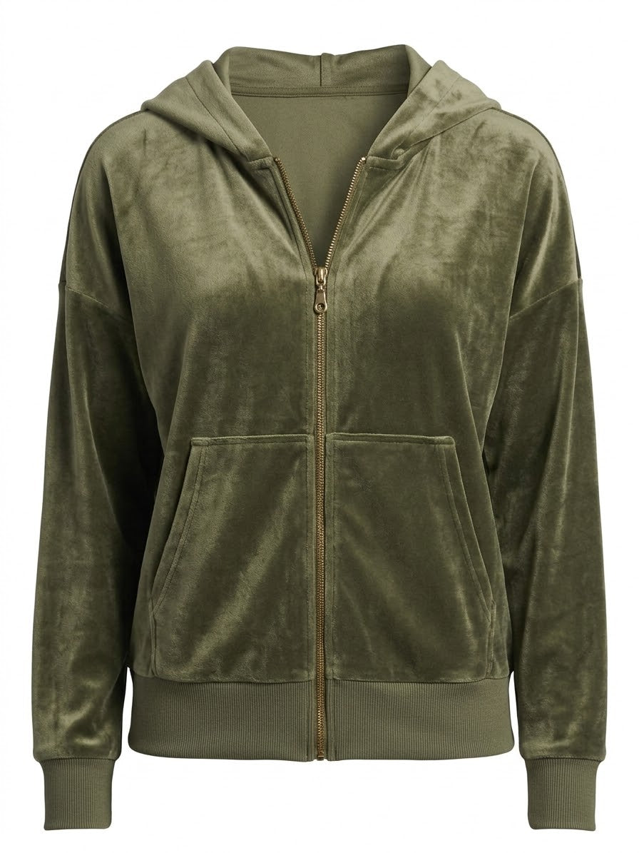 Felina Women's Olive Green Velvet Hooded Zip Up Pajama top