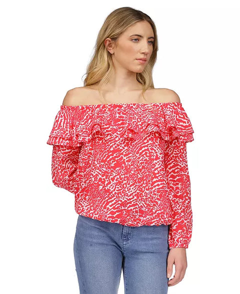 Michael Kors Women's Fuchsia Plus Size Animal-Print Off-The-Shoulder Blouse |Michael Kors In Lebanon