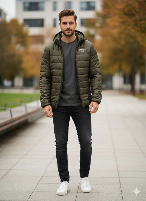 Inside Men's Olive Green Casual Quilted Zip-Up Hooded Jacket|Inside In Lebanon