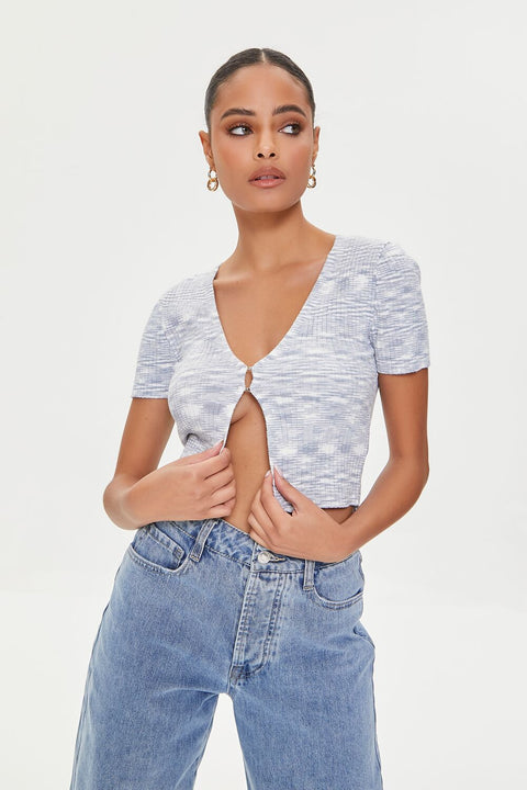 Forever 21 Women's Grey & White V-Neck Short Sleeve Crop Top | Forever 21 In Lebanon