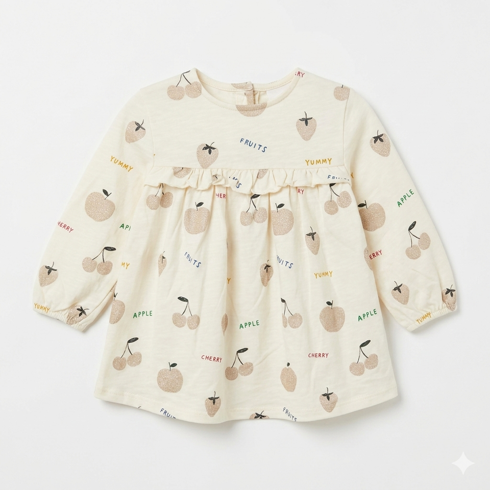 Zara Baby Girl's Cream Fruit Print Long Sleeve Ruffle Tunic Dress|Zara In Lebanon