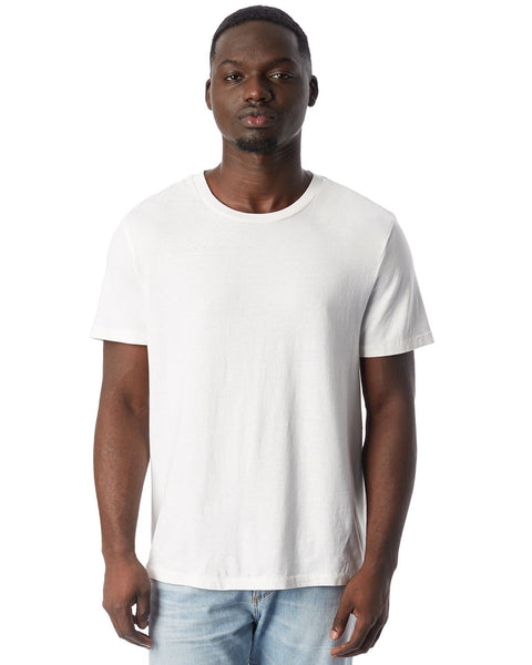Man wearing a plain white t-shirt on a white background