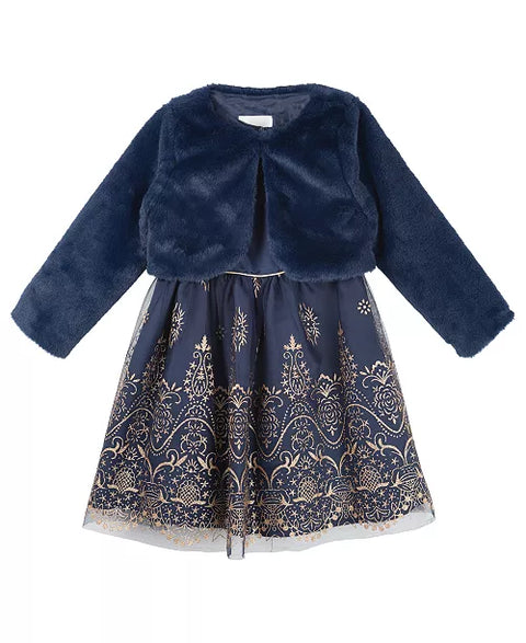 Rare Editions Girl's Navy Glitter Mesh Social Dress and Fur Jacket 2 Piece Set |Rare Editions In Lebanon