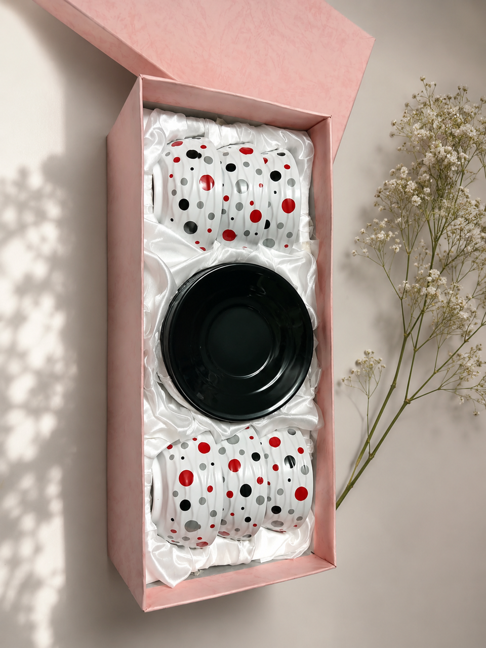 SD White Modren Polka Dot Set Of 6 Serving Bowls With Black Saucers | SD In Lebanon