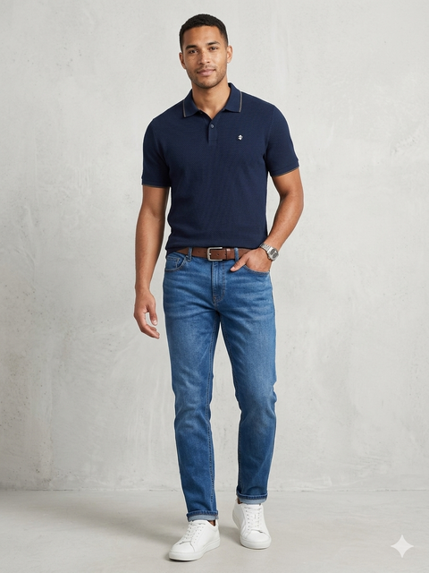 Man wearing a navy polo shirt and blue jeans against a plain background