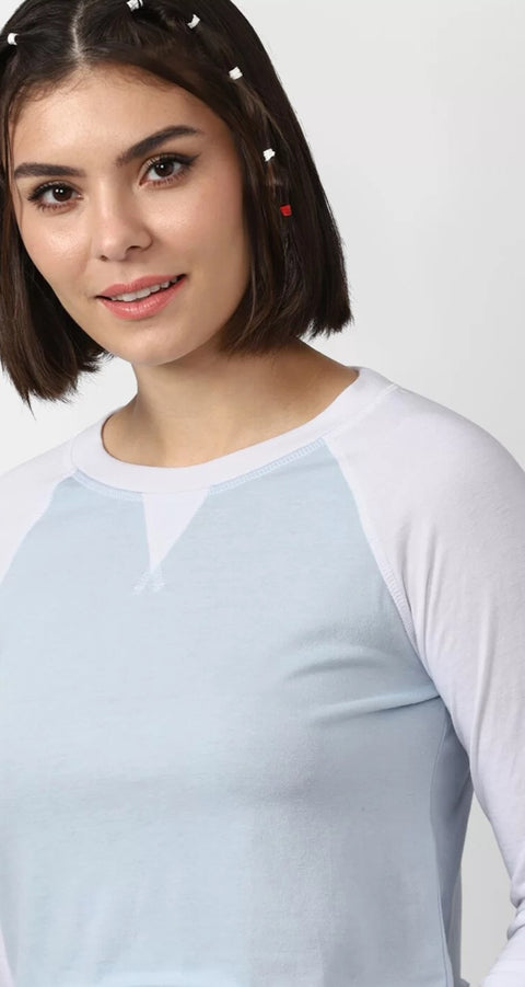Forever 21 Women's White & Baby Blue Long Sleeve Crew Neck Blouse | Forever 21 In Lebanon