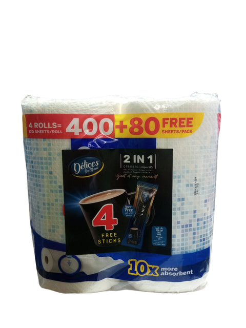 Sanita Handy Super Strong Disposable Tissue 4 Rolls (400+80 Free) + (4 Delices Sticks Free)