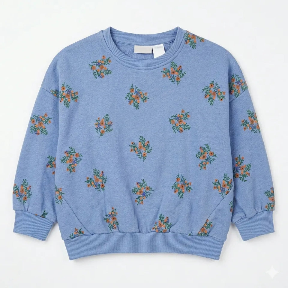 Zara Baby Girl's Blue Crew Neck Floral Comfortable Everyday Wear Long Sleeve Sweatshirt|Zara in Lebanon