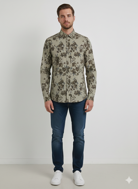Only & Sons Men's Sage Green Floral Base Life Long Sleeve Shirt | Only & Sons In Lebanon
