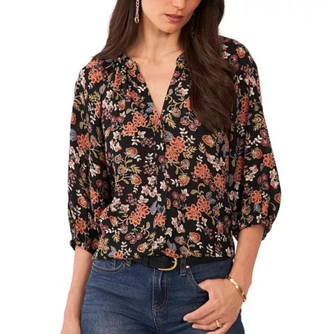 Vince Camuto Women's Black Floral Printed V Neck Blouse |Vince Camuto In Lebanon