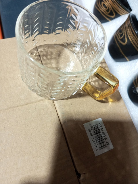 SD Pyrex Etched Glass Coffee Cups Set With Gold Handle 6pcs / A-47