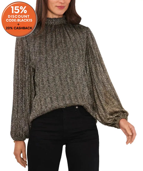 Vince Camuto Women's Gold Sparkle Shine Smocked Neck Puff Sleeve Blouse |Vince Camuto In Lebanon