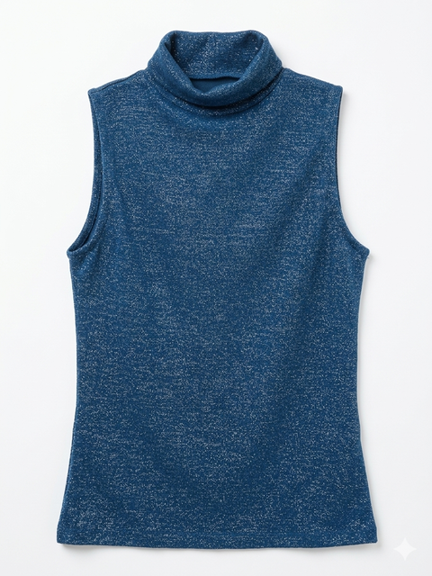 Rinascimento Women's Petrol Shimmering Mock-Neck Sleeveless Top|Rinascimento In Lebanon