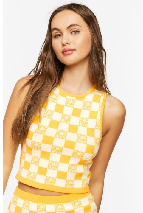 Forever 21 Women's Yellow & White Checkered Sleeveless Blouse |Forever 21 In Lebanon