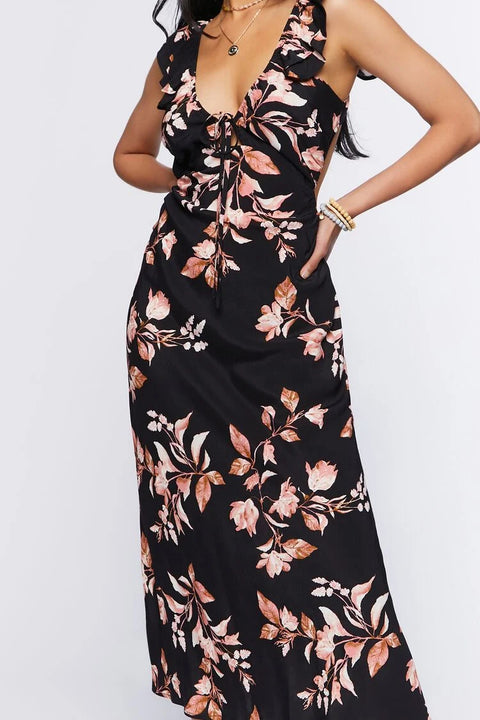 Forever 21 Women's Black Floral Ruffle Sleeve Open Back Maxi Dress | Forever 21 In Lebanon