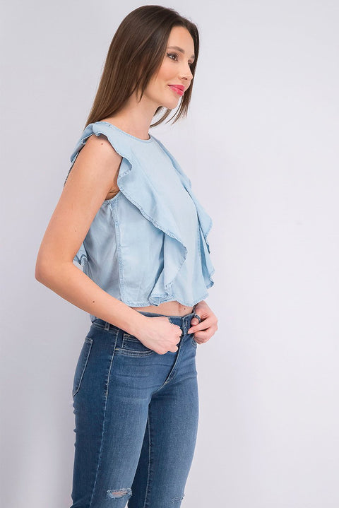Mango Women's Light Blue Denim Ruffle Sleeveless Blouse |Mango In Lebanon