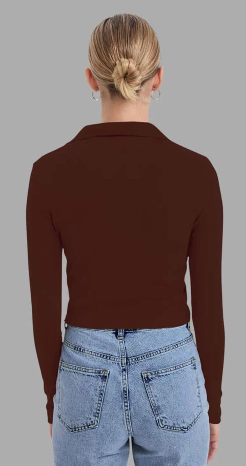 Forever 21 Women's Brown V Neck Long Sleeve Crop Top | Forever 21 In Lebanon