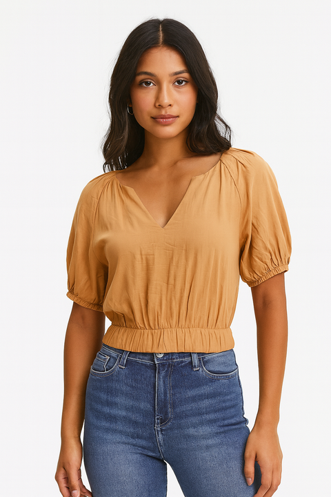 Forever 21 Women's Tan V-Neck Back Tie Short Sleeve Crop Top | Forever 21 In Lebanon