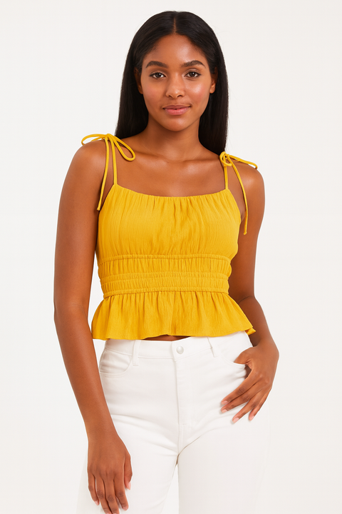 Forever 21 Women's Yellow Mustard Spaghetti Sleeve Ruched Crop Top | Forever 21 In Lebanon