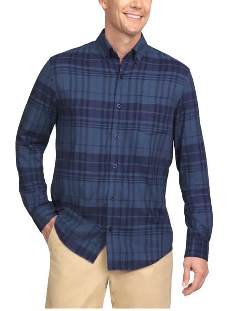 Lands End Men's Navy Blue Checkered Long Sleeve Shirt | Lands End In Lebanon
