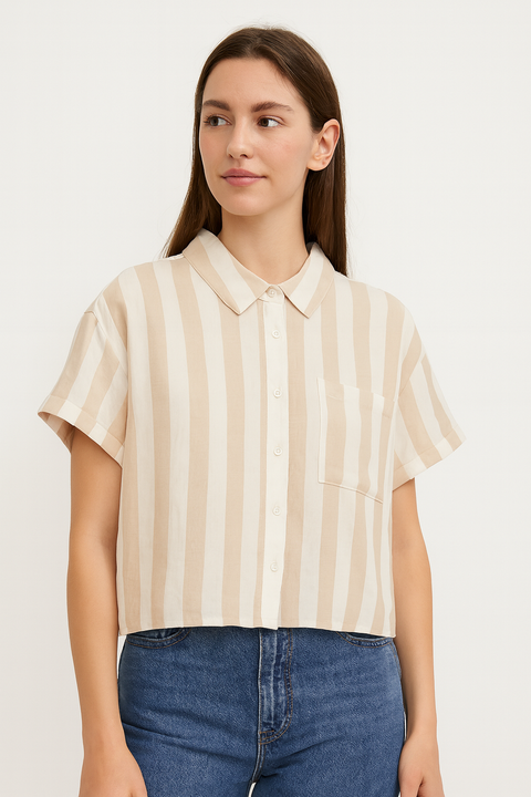 Forever 21 Women's Beige & White Striped Shirt | Forever 21 In Lebanon