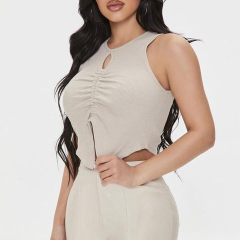 Forever 21 Women's Light Beige Sleeveless Cut Out Ribbed Blouse | Forever 21 In Lebanon