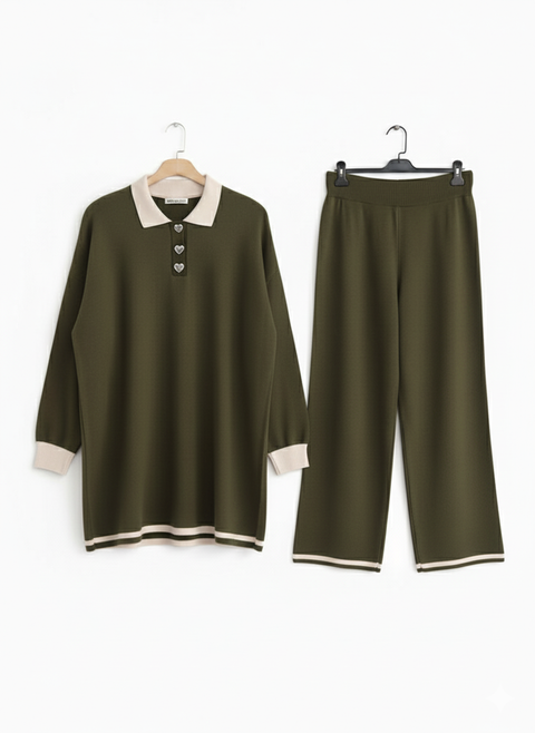 Big Dart Women's Olive Green With Cream Color Polo Neck Knitted Set | Big Dart In Lebanon