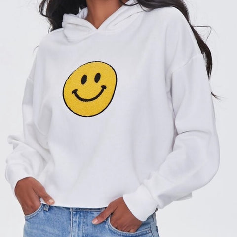 Forever 21 Women's White Smiley Face Patch Hoodie | Forever 21 In Lebanon
