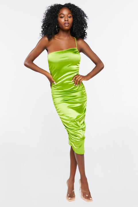 Forever 21 Women's Green Satin Ruched 1 Way Strap Midi Dress | Forever 21 In Lebanon