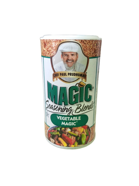 Can of Magic Seasoning Blends Vegetable Magic on a light green surface with a blurred background.