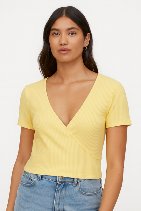 Forever 21 Women's Yellow Ribbed Faux Wrap Top | Forever 21 In Lebanon