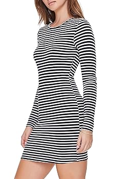 Forever 21 Women's Black & White Ribbed Crew Neck Long Sleeve Midi Dress |Forever 21 In Lebanon