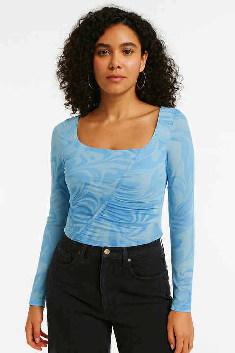 Forever 21 Women's Blue Mesh Long Sleeve Blouse | Forever 21 In Lebanon