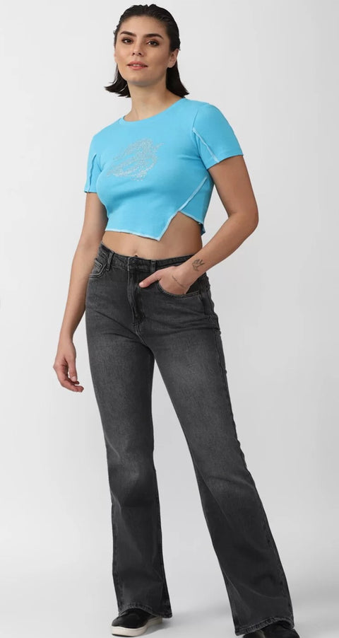 Forever 21 Women's Blue Crew Neck Short Sleeve Rhinestone Blouse | Forever 21 In Lebanon