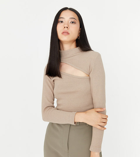 Forever 21 Women's Beige Cut-Out Turtle Neck Long Sleeve Blouse | Forever 21 In Lebanon