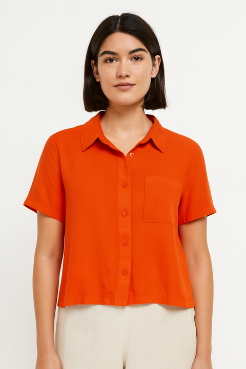 Forever 21 Women's Red Orange Short Sleeveless Button Down Shirt | Forever 21 In Lebanon