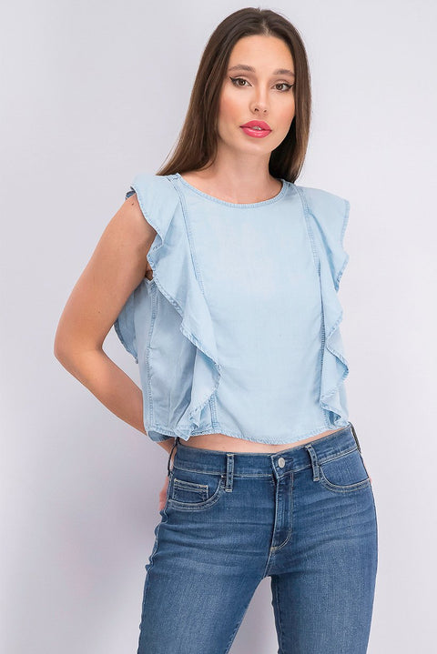 Mango Women's Light Blue Denim Ruffle Sleeveless Blouse |Mango In Lebanon