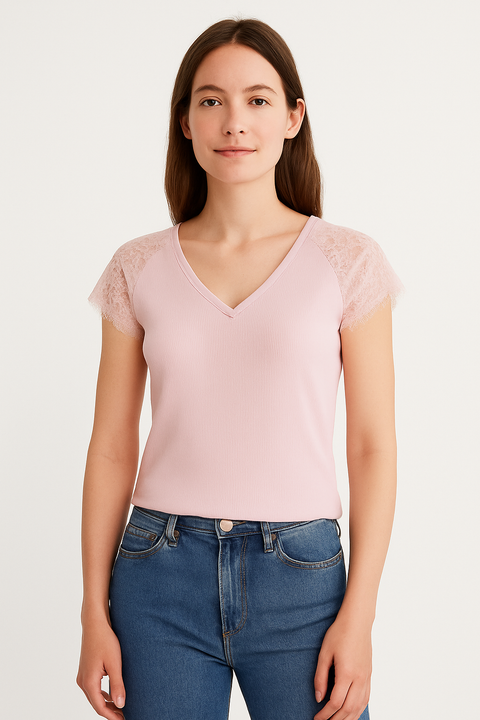 Mango Women's Light Rose Lace Sleeve Blouse |Mango In Lebanon