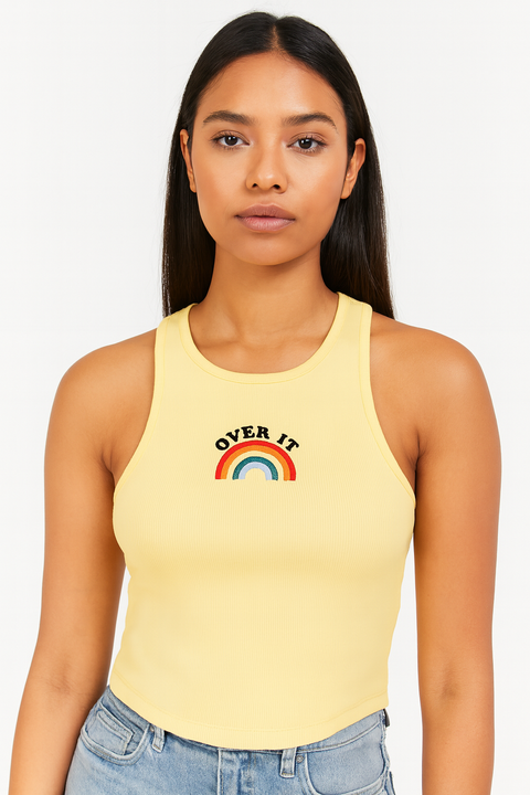 Forever 21 Women's Yellow Ribbed "Over It" Graphic Tank Crop Top | Forever 21 In Lebanon