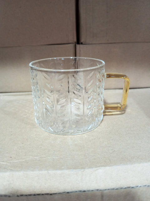 SD Pyrex Etched Glass Coffee Cups Set With Gold Handle 6pcs / A-47