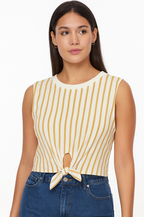 Forever 21 Women's Brown & White Striped Sleeveless Crew Neck Blouse | Forever 21 In Lebanon