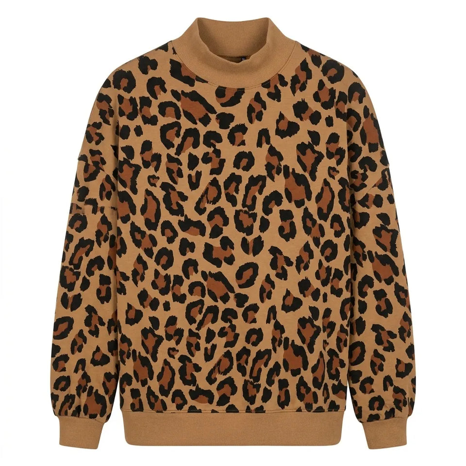 FModa Women's Brown Plus Size Leopard Long Sleeve Mock Neck Sweatshirt|FModa in Lebanon