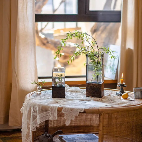 Hinox Square Glass Vase With Wood Base DO-1 | Hinox In Lebanon