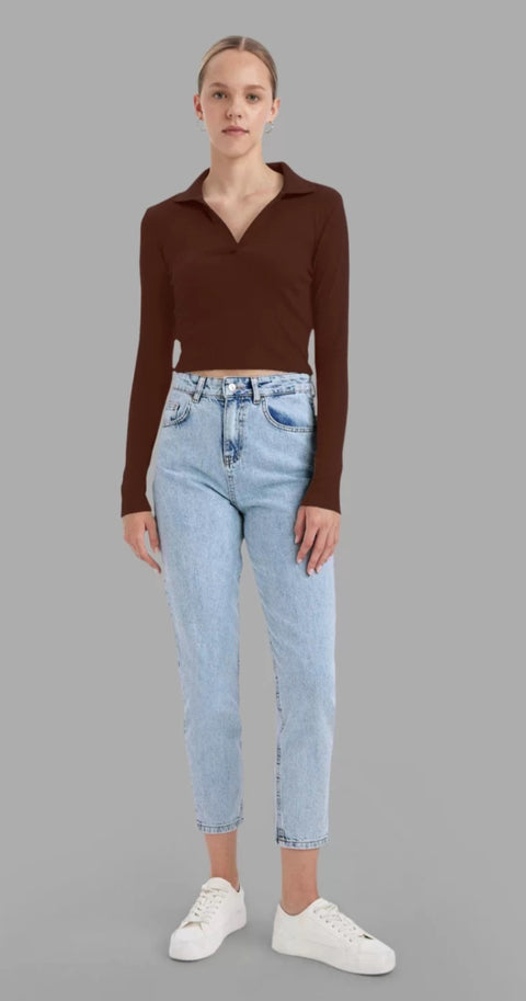 Forever 21 Women's Brown V Neck Long Sleeve Crop Top | Forever 21 In Lebanon