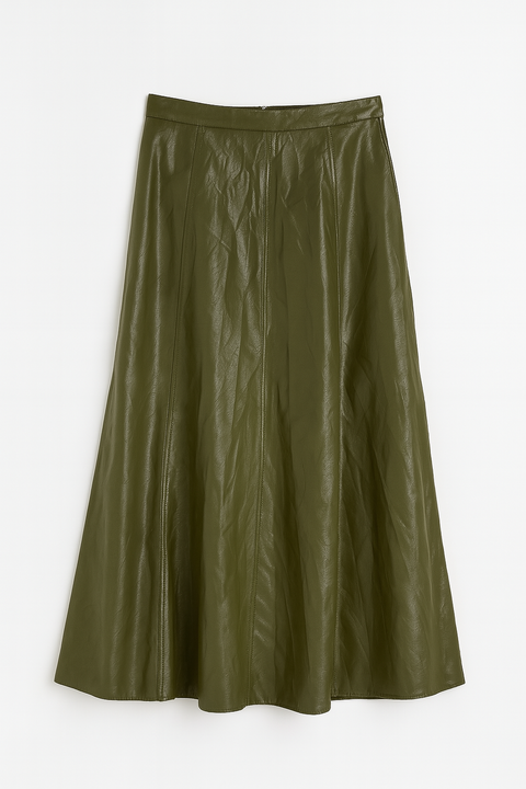 Mango Women's Khaki Green Leather Skirt  |Mango In Lebanon